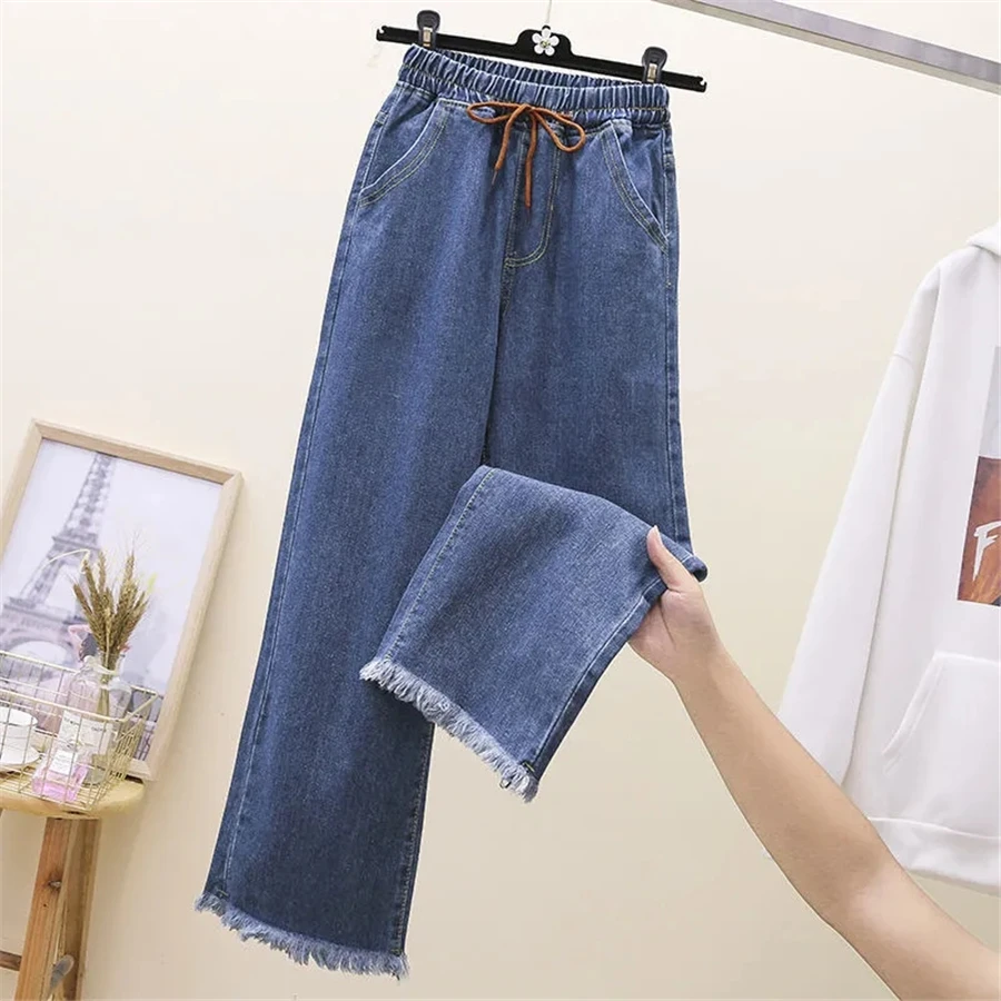 Burr Edge Ankle-length Straight Leg Jean Women Lace Up Pantalones Elastic 2025 High Waist Denim Pants new Casual Vaqueros Vintage Trouser