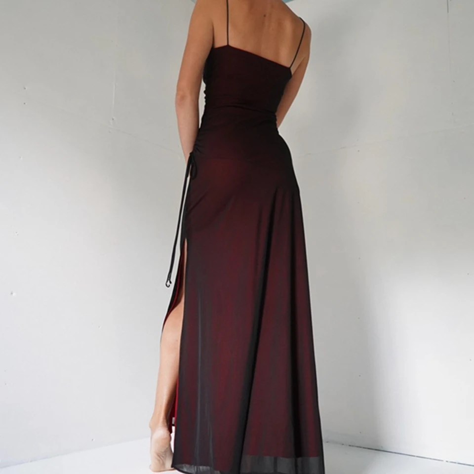 Dark Red Spaghetti Straps Tulle Mermaid Prom Gown 2023 Sexy High Side Slit Cocktail Party Floor Length Evening Dresses For Women