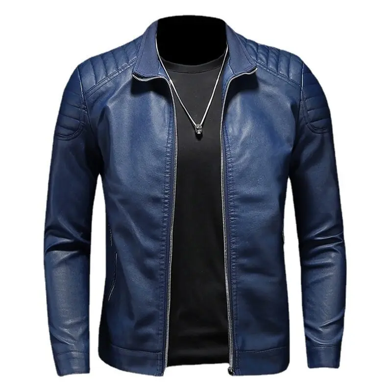 2023 Moto Pu Leather Jacket Men Winter Leahter Jacket new Male Stand Collar Casual Windbreaker Trendy 2025 Mens Clothing Black Blue