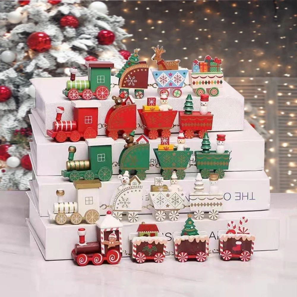 Wooden Christmas Train Ornament Baby Toys Cute Painted Toy Train with Santa Claus Snowman Crafts for New Year Xmas Kids Gifts