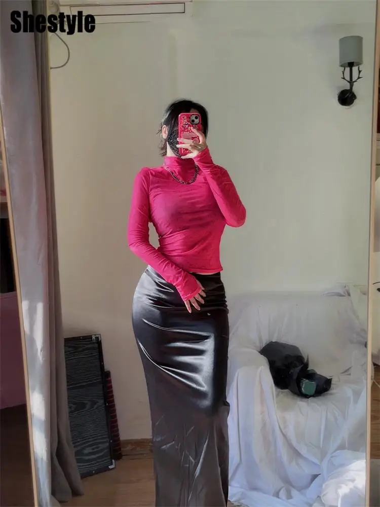 Shestyle Elegant Sexy Flare Long Skirts Trumpets Women High Waist All-Match Satin Smooth Office Lady Bottom Outfits 2023 New