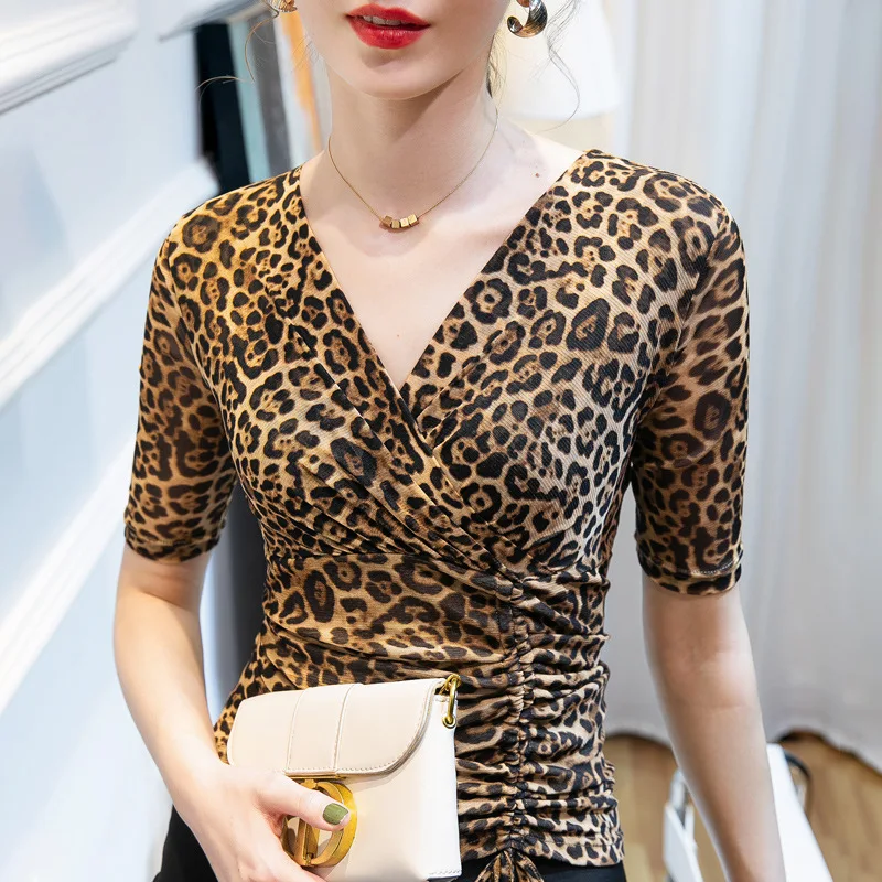 new S-2XL Women Crossed V Neck Mesh T Shirts Lady Spring 2025 Summer Shirring Stretchy Leopard Tops Tees Female Half Sleeve T-Shirt