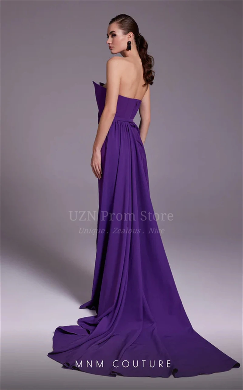 UZN Classic Dark Purple Mermaid Prom Dresses 2023 Scalloped Neck Satin Pleats Evening Gowns Slit Saudi Arabia Party Dress