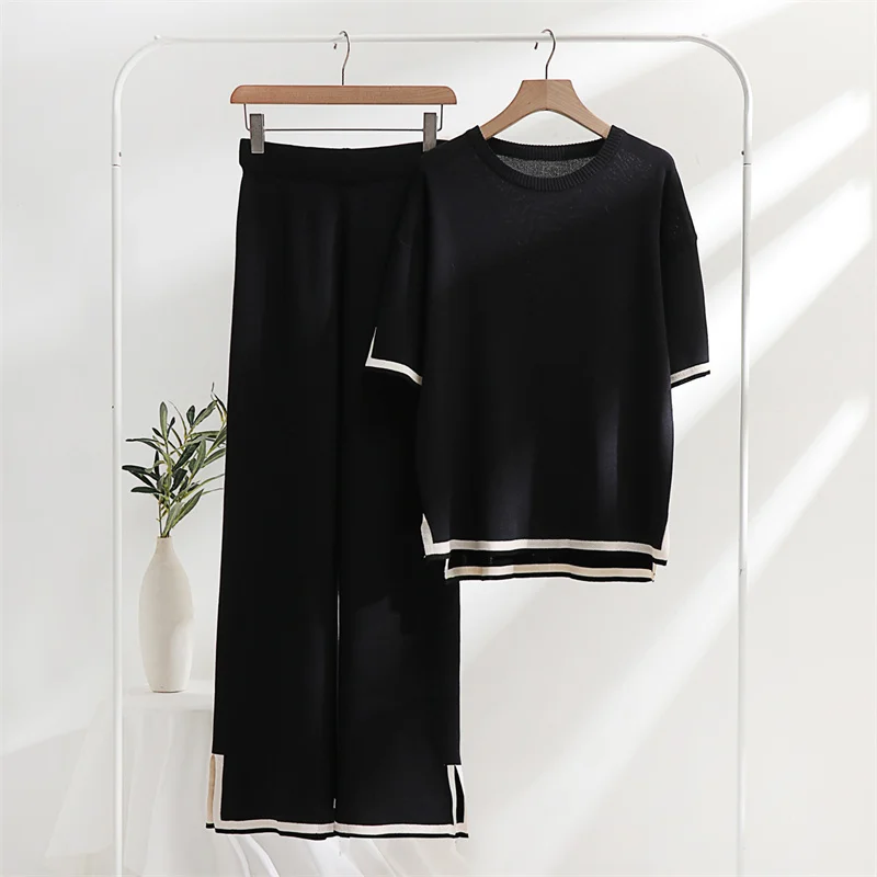 Two Piece Set 2025 Elegant new Pants Sets Ice Knitted Summer Outfits For Women 2023 Short Sleeve Pama Suit