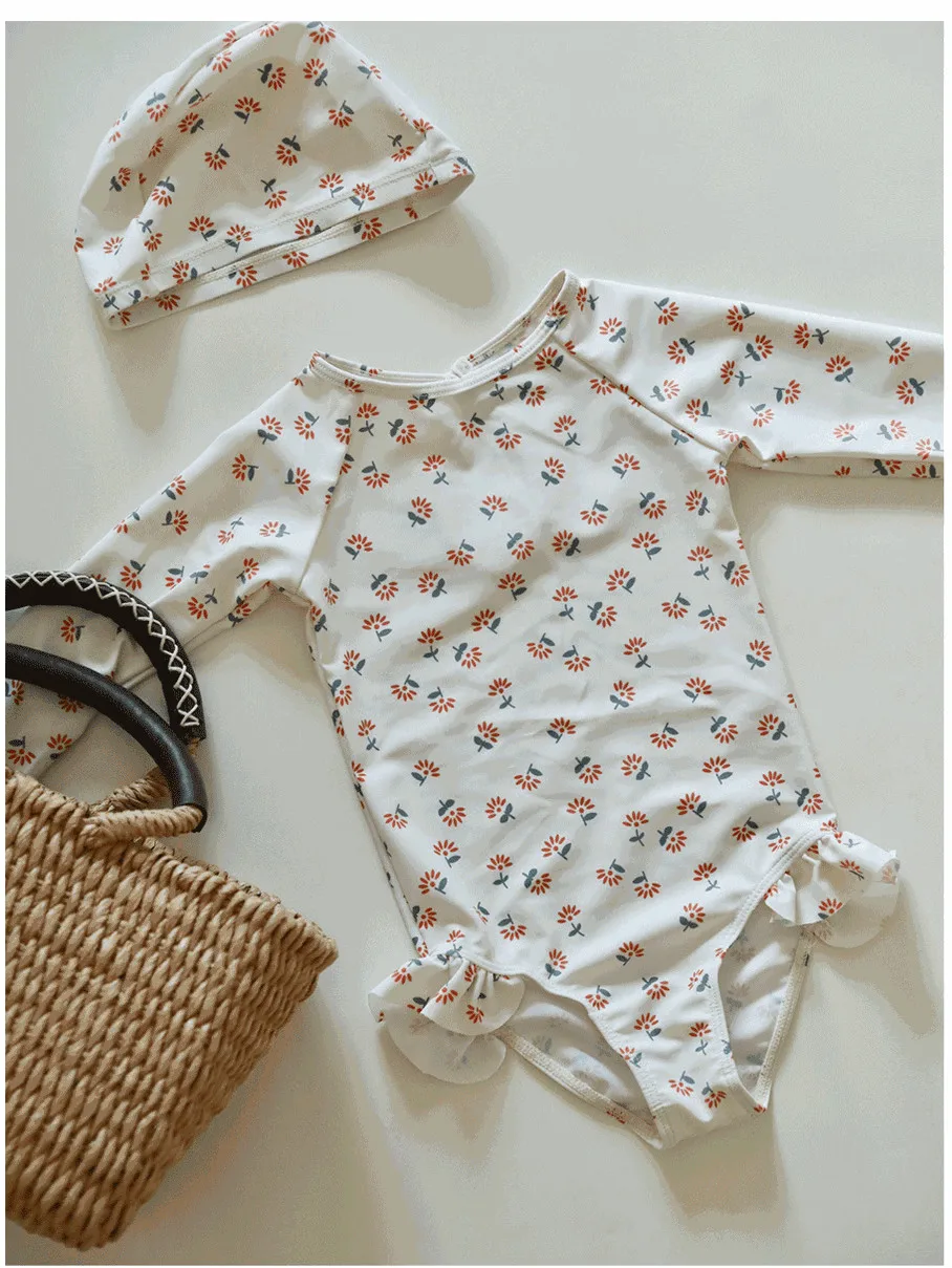 deer jonmi 2023 Summer Toddlers Girls Printed Swimwear Ruffles Long Sleeve Sun-proof Beach Bikini Kids Swimsuits