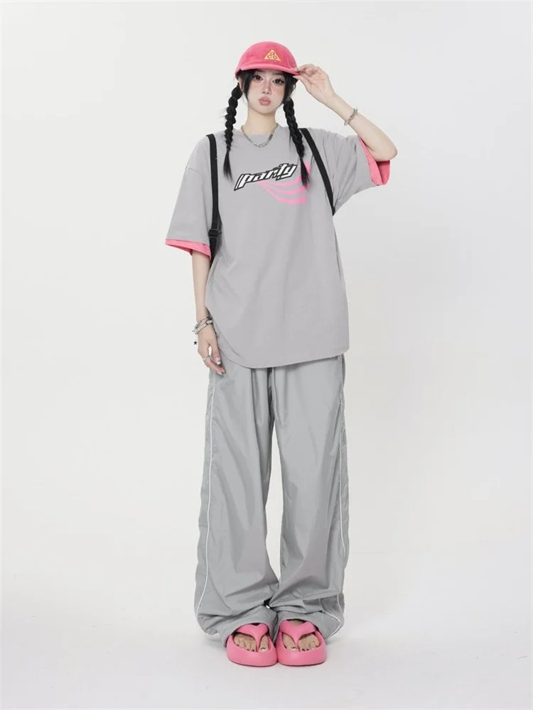 Deeptown Y2K Gorpcore Gray Track Pants Women Streetwear Hip Hop Navy Blue Sports Trousers Oversized Vintage Kpop Sweatpants