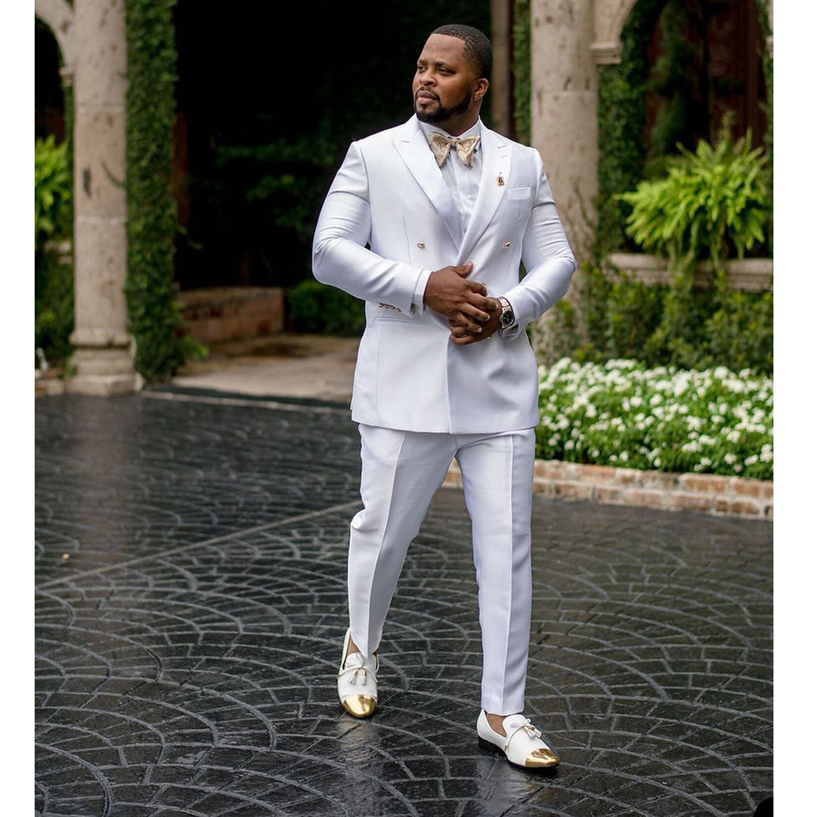 White Wedding Terno Hombres ddmysmile Wedding Groom Double Breasted Peak Lapel Two Pcs Jacket Pants Slim Tre De Hombre Elegante Smile