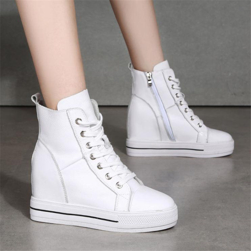 Women Genuine Leather 8cm Hidden Wedge Sneakers Platform Shoes High Heels Sneakers Woman Casual Shoes White Women Trainer