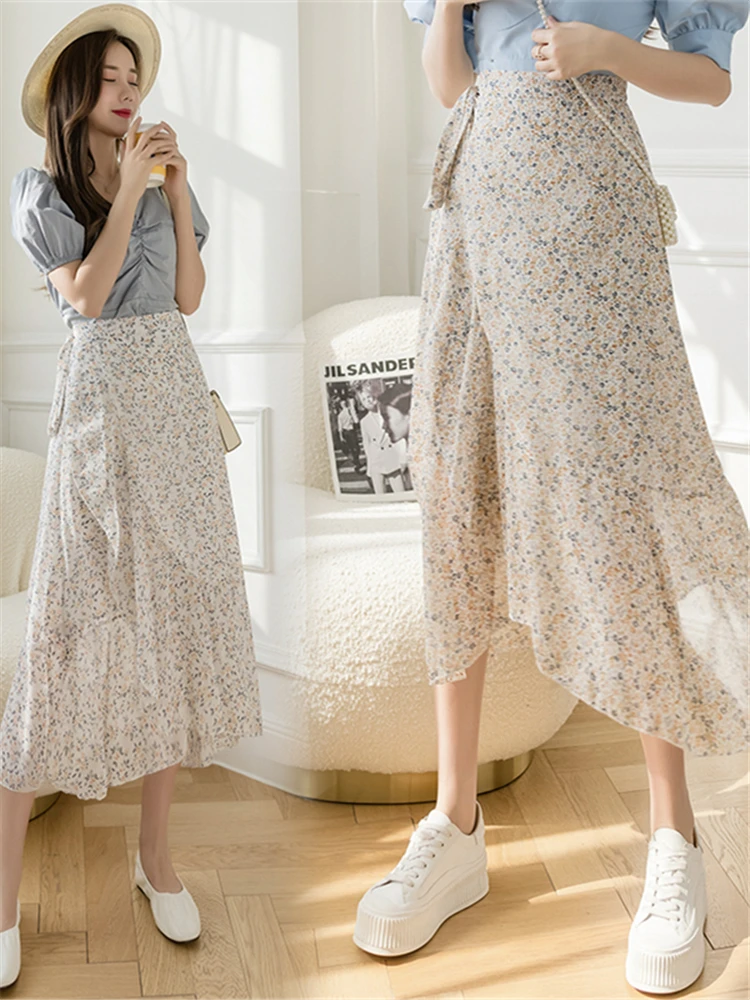 REALEFT New new Summer 2025 Skirts Female Elegant French Style Ruffled Fishtail A-line High Waist Adjustable One-piece Floral Skirt