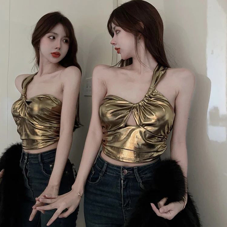 Summer Gold Satin Camisole Crop 2025 Top Women Single Strap Stretchy Tank Tops new Girls Irregular Tube