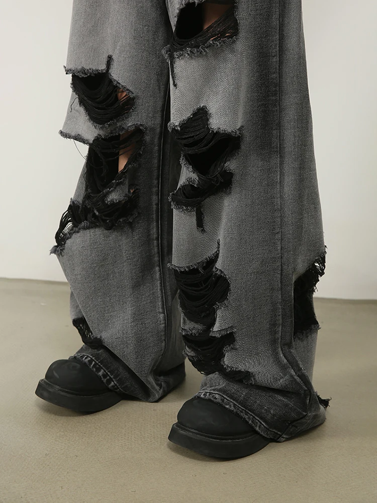 HOUZHOU Ripped Jeans for Men Wide Leg Pants Oversize Hip Hop Darkwear Denim Trousers Male Casual Japanese Streetwear Patchwork