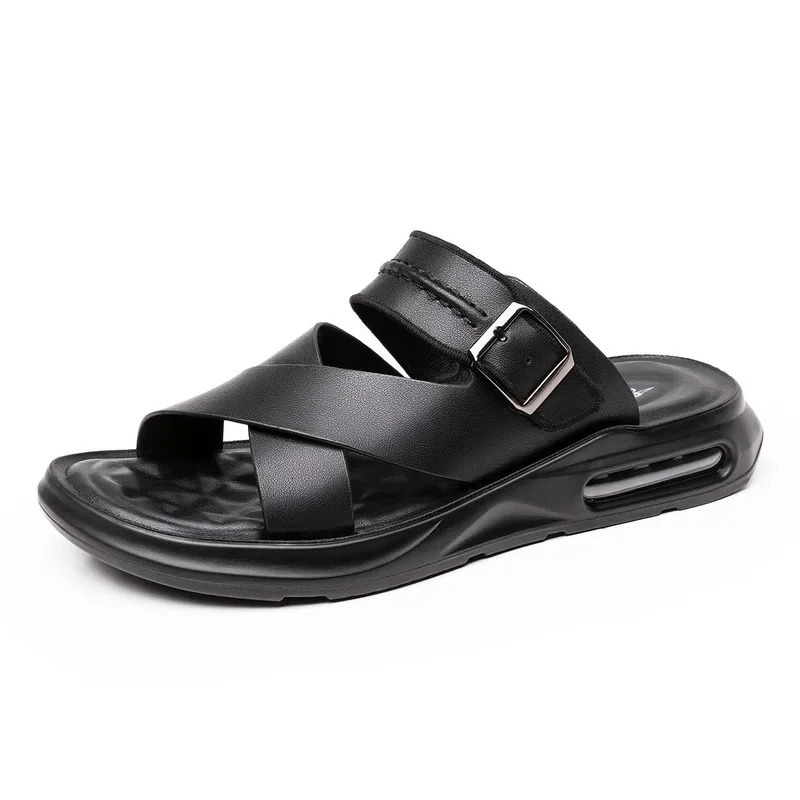 2024 Genuine Leather Summer Shoes Men Sandals Flat Nonslip New Soft Mens Beach Holiday Black Brown A13 240322