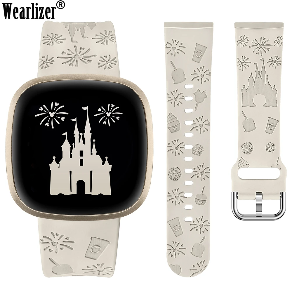 Wearlizer Castle Engraved Band for Fitbit Versa 4/Versa 3/Sense 2/Sense Women Soft Silicone Sport Solo Loop Strap for Versa 4