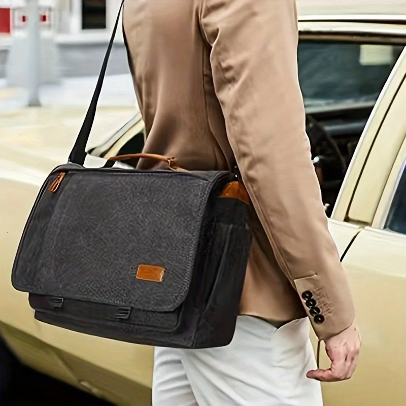 Crazy Horse Leather Mens Crossbody Briefcase Canvas Splashproof Workwear Messenger Bag Computer Tote 240320