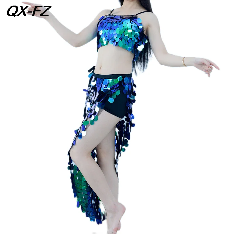 2023 Sexy Mermaid Bra Top+Hip Scarf Outfit Set Women Sequin Belly Dance Costume Set Ladies Elegant HipSkirt Dance Training Suit