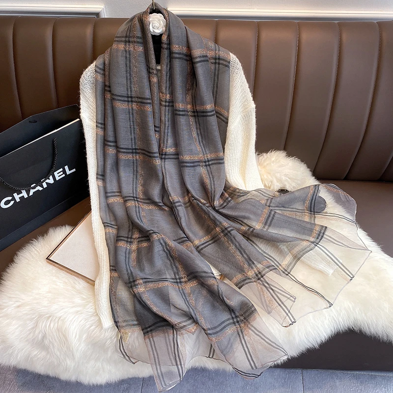2023 new Silk Wool Scarf Women Plaid Long Foulard Female Glitter Shawl Wrap for Ladies Hijab Spring Winter Thin 2025 Warm Scarves