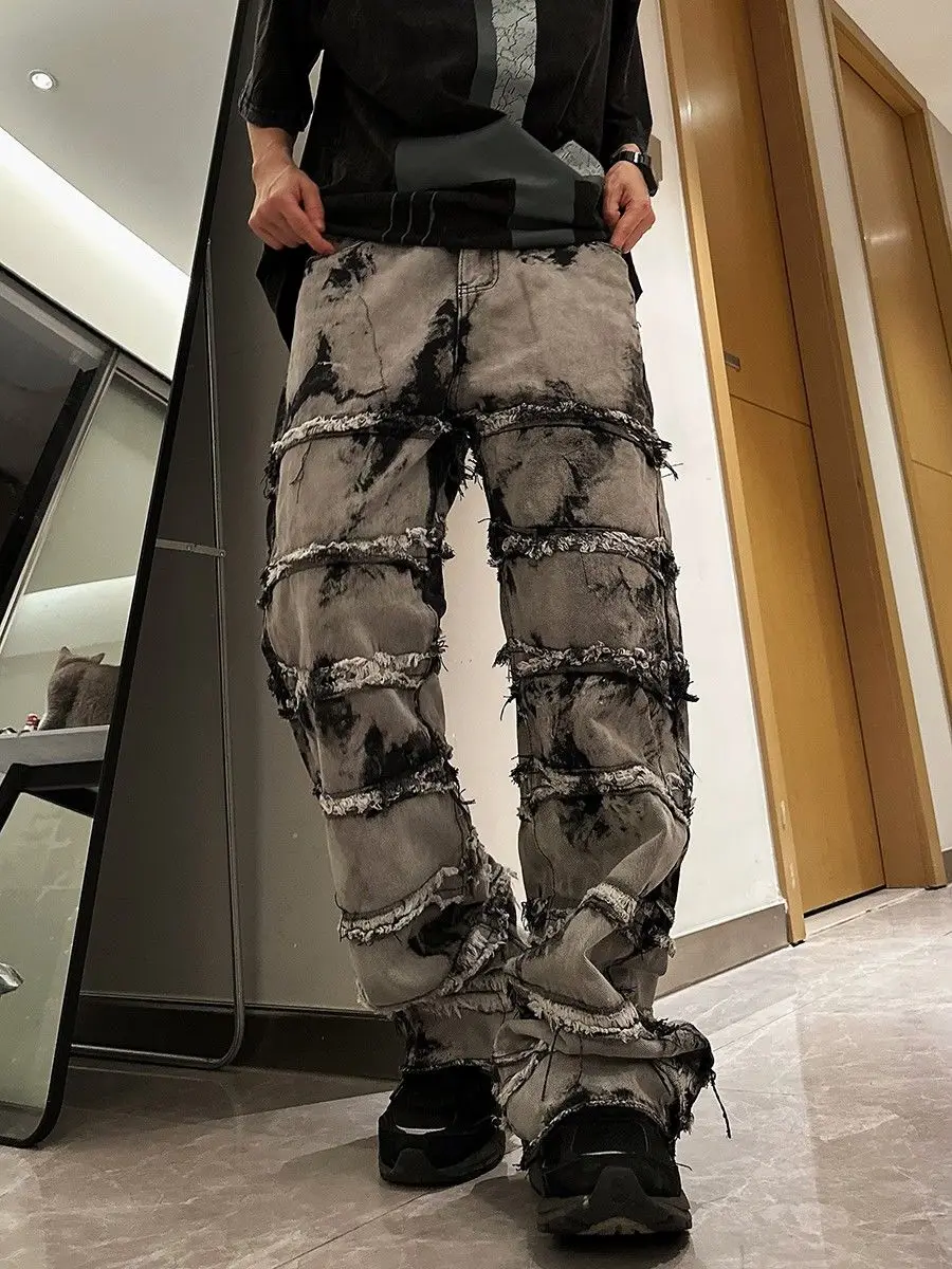 Street Goth Tie Dye Personalized Straight Jeans Men's Trendy Hip Hop Loose Casual Trousers Streetwear Rapper Style Pants