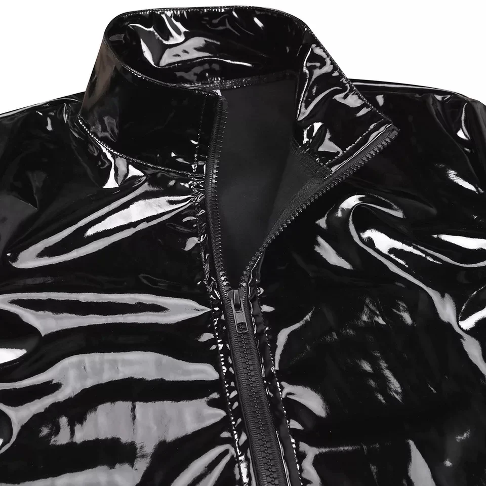 Big 7XL Mens Shirt Wetlook Leather Long Sleeve Zipper T-Shirt Sexy Dance Party Clubwear Male Shiny Metallic Leather Jacket Tops
