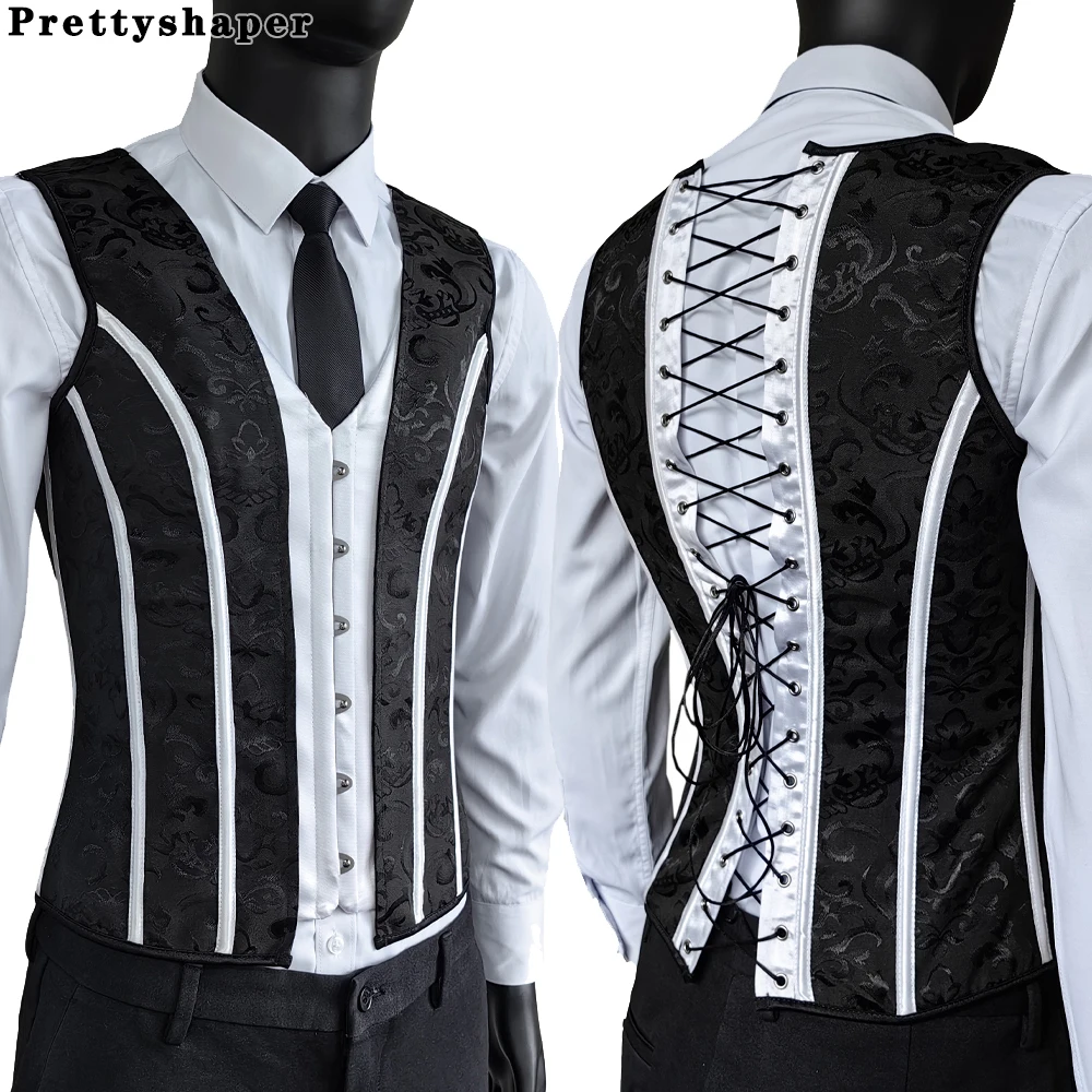Men's Abdomen Corset Vest Vintage Floral Print Elegant Waistcoat Bones Slimming Stomach Control Tight Corset Costume Hand Made