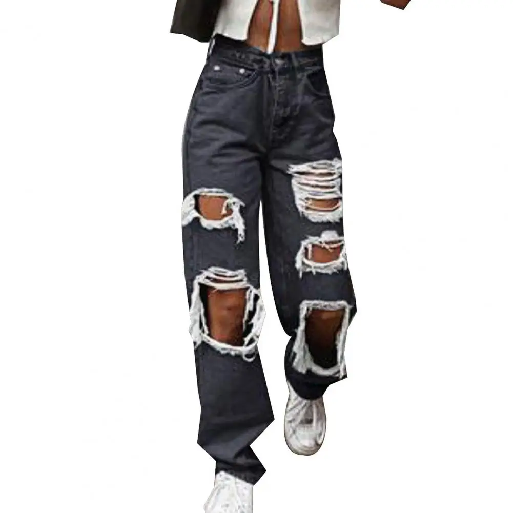 Women Jeans Zipper Fly Wide Leg Lady Denim Pants High Waist Women Denim Trousers No Stretch Women Ripped Loose Fit Jeans