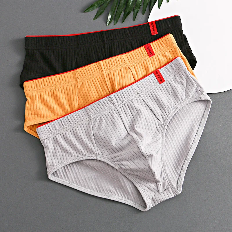 Men's Convex Pouch Briefs Youth Comfortable Underwear Breathable Panties Stripe Lingerie Solid Elastic Underpants Random Color