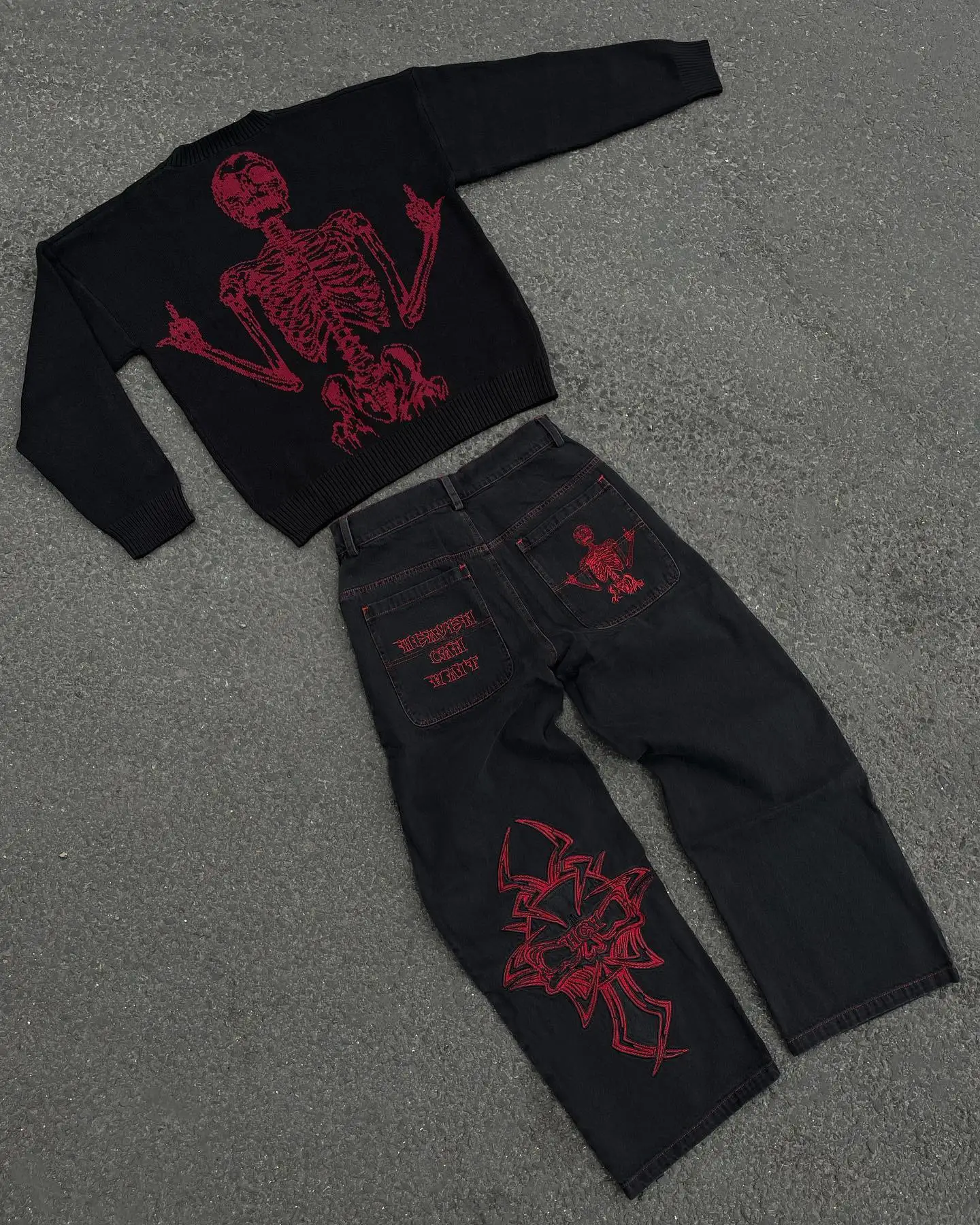 HCW Jeans Y2k Hip Hop Retro Skull Embroidered Loose Jeans Womens 2023 New Straight Casual Loose Wide Leg Trousers Street Wear