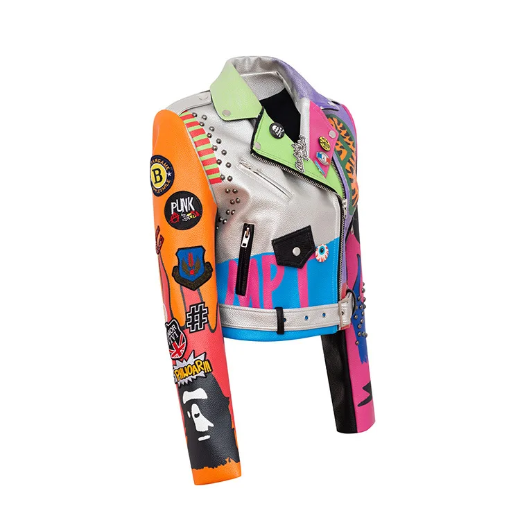 New Leather Coat Graffiti 2025 Print Motorcycle Leather Coat Women's Contrast Slim Fit Short Women's Top new Punk Rock Pu Leather Jacket