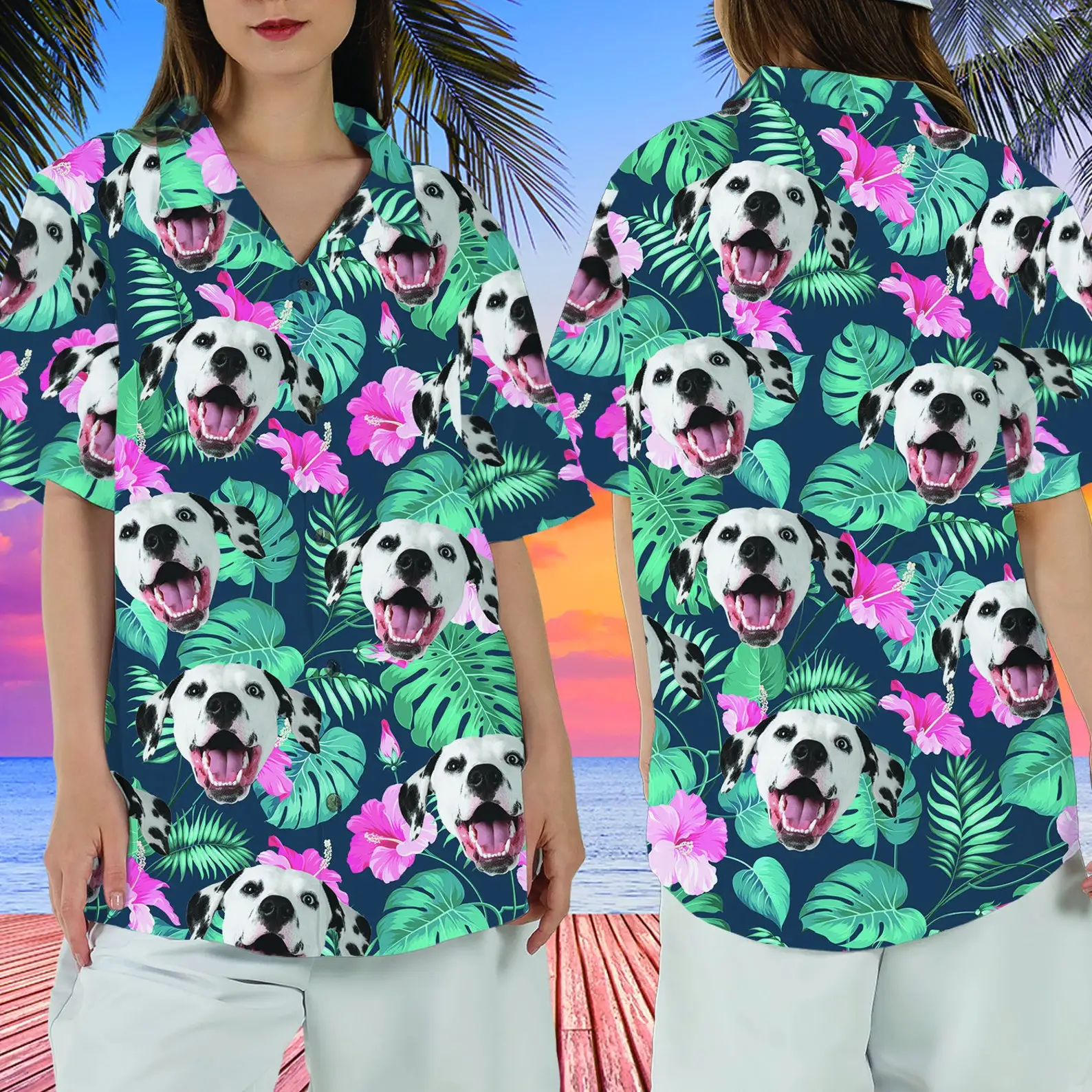 2023 Men's Hawaii shirt New Tropical Leaves and Pets - Personalized Dog and Cat Unisex Diy Men's and Women's Shirts