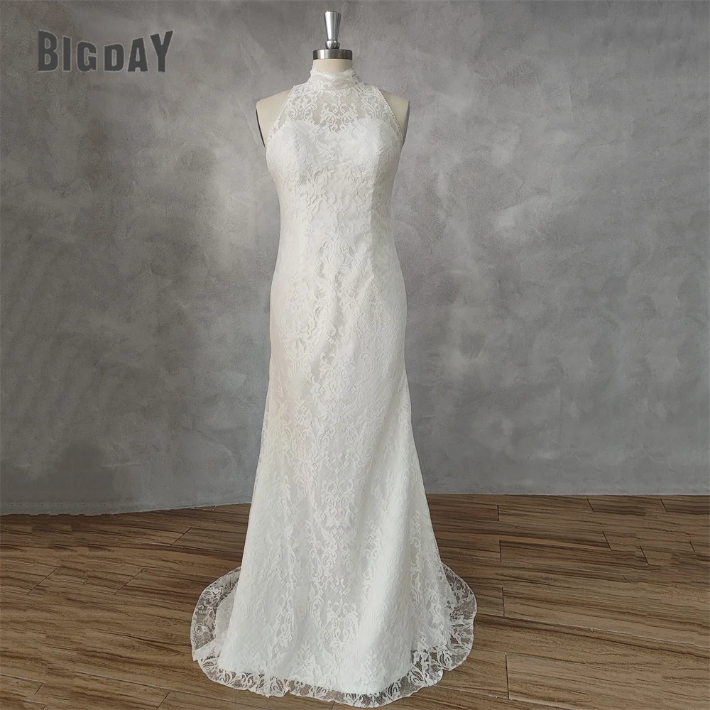 Elegant Mermaid Wedding Dresses For Women 2024 Halter White Lace Open Back Appliqued Bridal Gown Sweep Train Vestidos De Novia