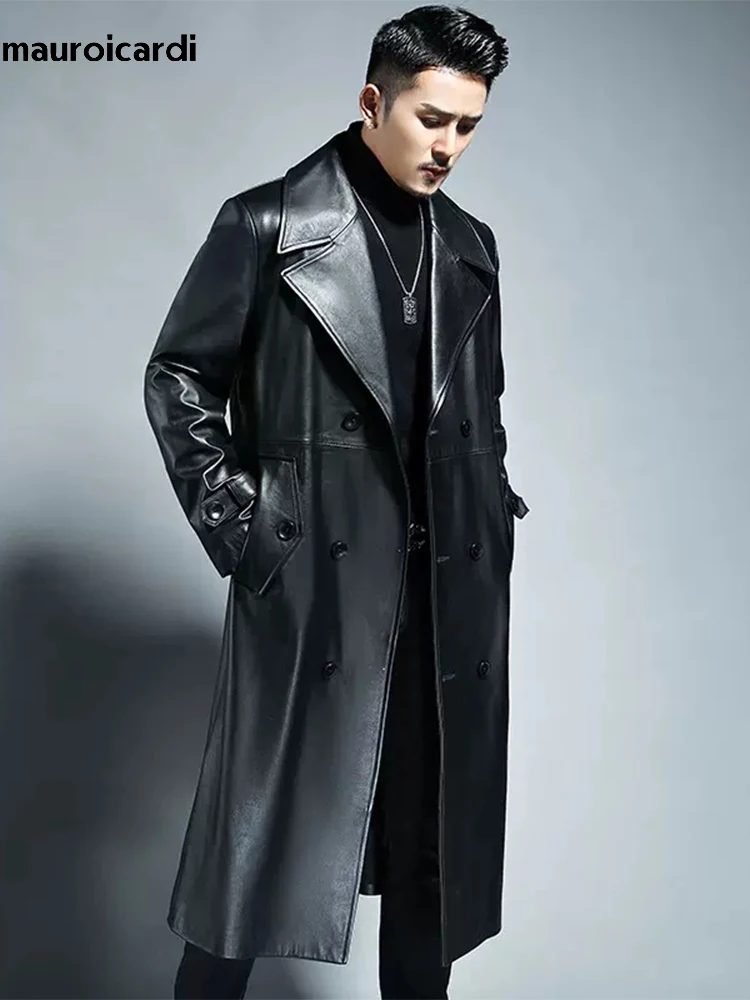 Mauroicardi Spring Autumn Long Cool Waterproof Black Pu Leather Trench Coat Men Double new Breasted Plus Size Outerwear 2025 4xl 5xl 2022