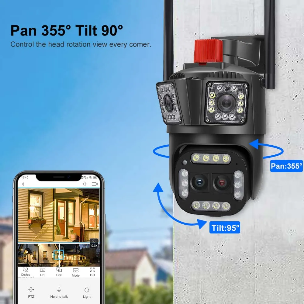 16MP 8K WiFi IP Camera 10X Zoom 4K Outdoor Security Camera Surveillance AI Track Four Lens Three Screen Mini Street Camera 360°