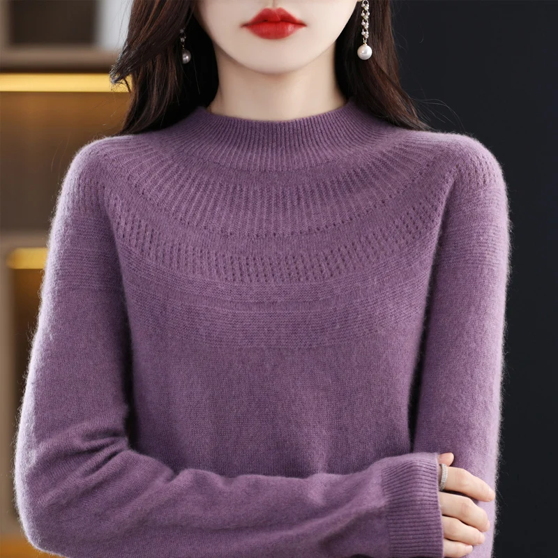 Autumn and winter wool single-line ready-to-wear hollow women's pullover O-neck cashmere new 2025 sweater knitted solid color