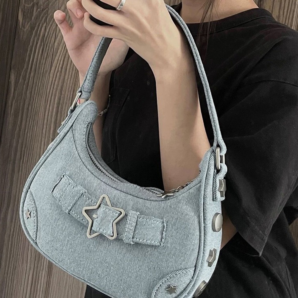 Vintage Star Handbags for Women Fashion Hobos Shoulder Underarm Bag Ladies Clutch Denim Y2k Bag Female Armpit Purses Cool Bag