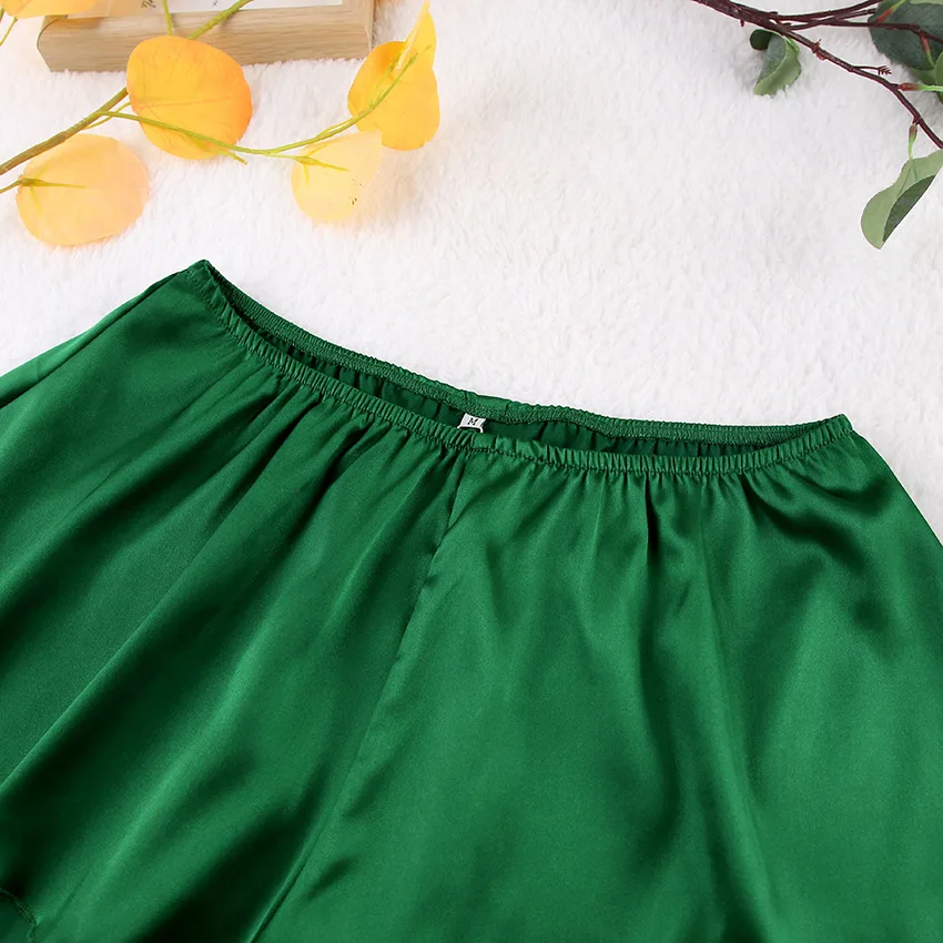 Satin Pama Sets Green Crop Top Set with Shorts Flare Sleeve Sleepwear Women's Sexy 2025 Ruffled Women'S Nightwear new 2024 Lingerie