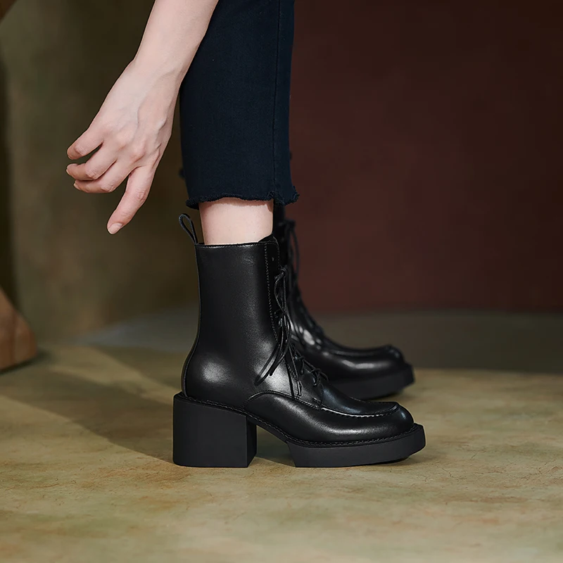 Winter Genuine Leather Chunky Heels Platform for Solid Lace Women Shoes High Heel Boots atos De Mujer