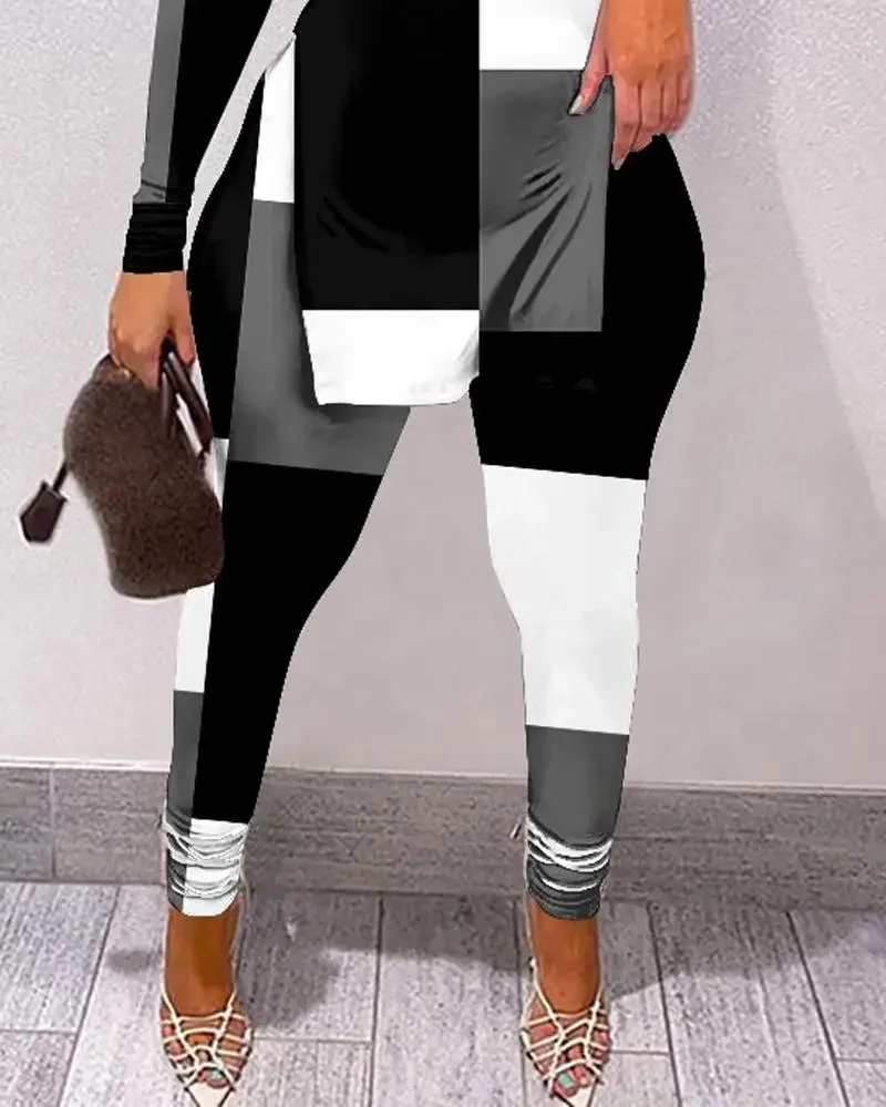 2025 Geo Print Split Hem Cold Shoulder Top & Pants Set Women 2pcs Clothes Suit Spring Summer Plaid Hollow Out Top new Pencil Pants