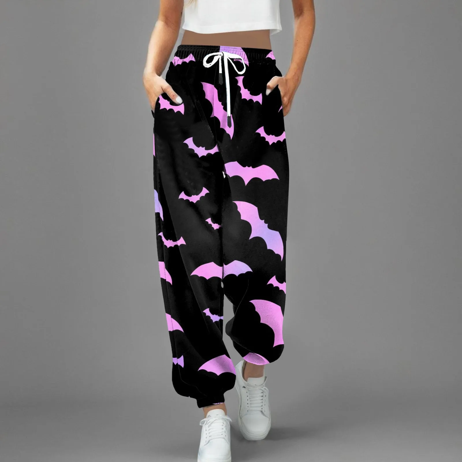 Pink Bat Print Halloween Sweatpants Women Autumn Baggy Oversize Jogging Gothic Pants Halloween Trousers Female Joggers Street