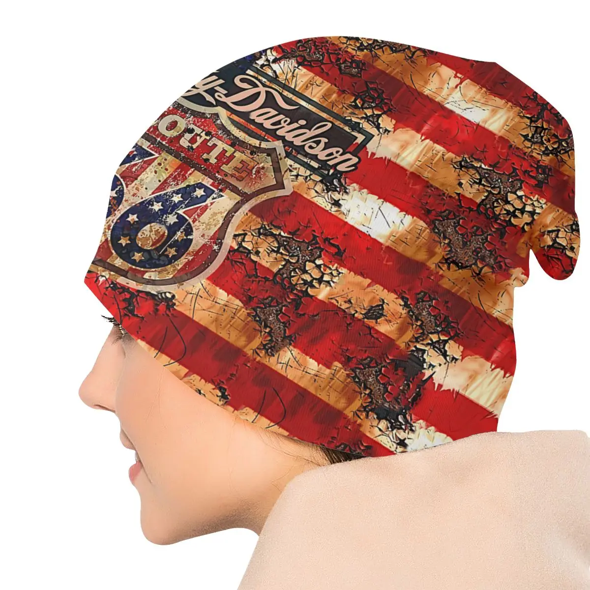 U S Route 66 US Flag Men Women Thin Beanies Windproof Ski Cap Double Layer Fabric Bonnet Hat