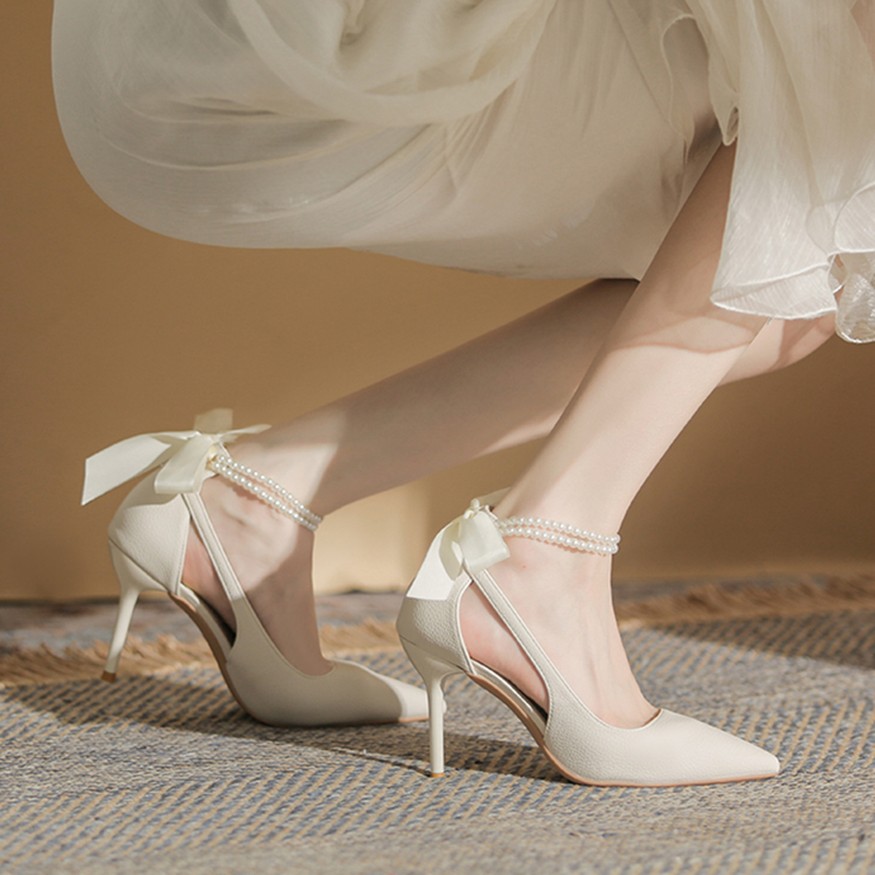 Elegant New New Ladies White Pearls Ankle Strap Pumps for Wedding Women Silk Back Bowtie High Stiletto Heeled Women's Shoes c9f8 's