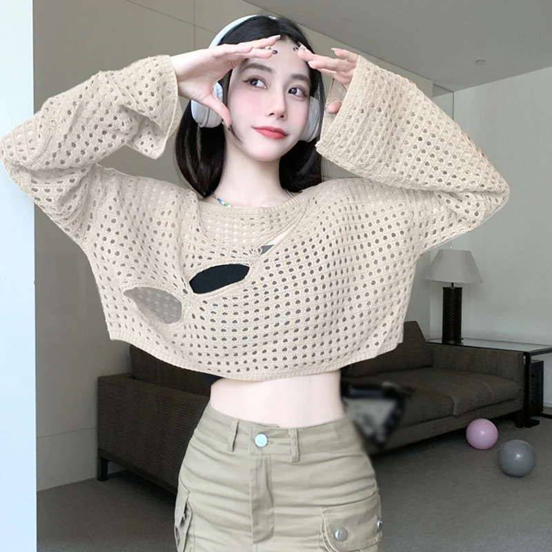 Mesh Loose See-through Tops Knitted round Neck Women's Blouses