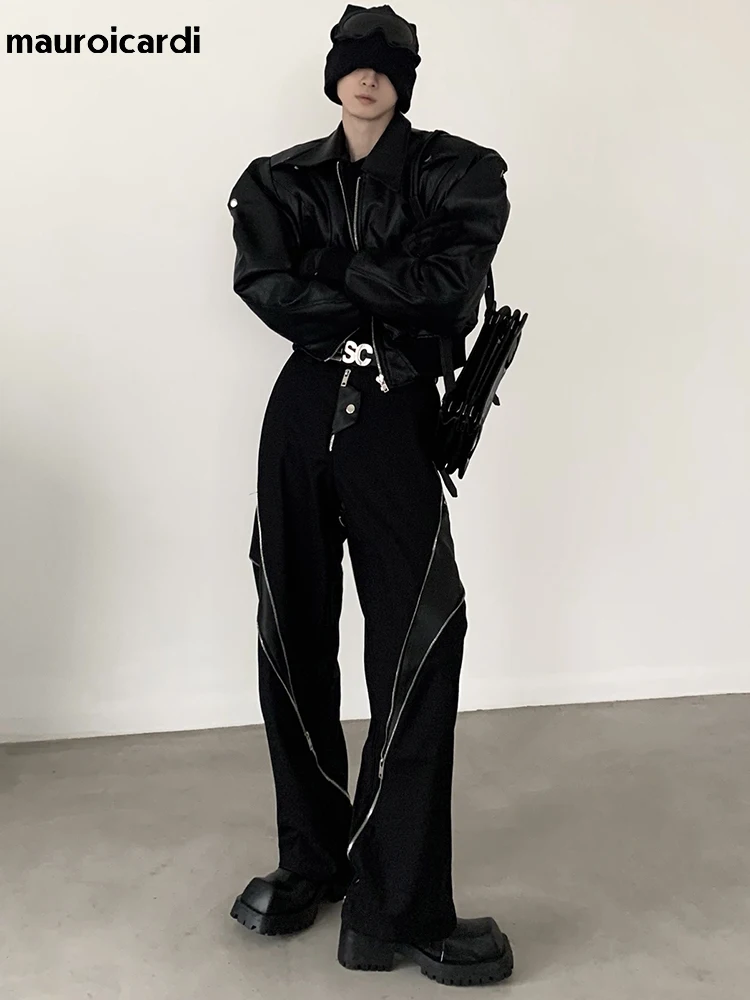 Mauroicardi Spring 2025 Autumn Cool Handsome Short Oversized Black Pu Leather Jacket new Men with Shoulder Pads Long Sleeve Zipper 2023