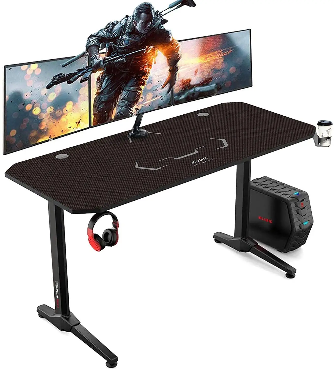 AuAg Gaming Table 140 cm, Large Gaming Desk for PC Ergonomic Gamer Table, Black Computer Desk with Cup Holder and Headphone Jack