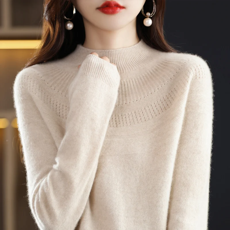 Autumn and winter wool single-line ready-to-wear hollow women's pullover O-neck cashmere new 2025 sweater knitted solid color