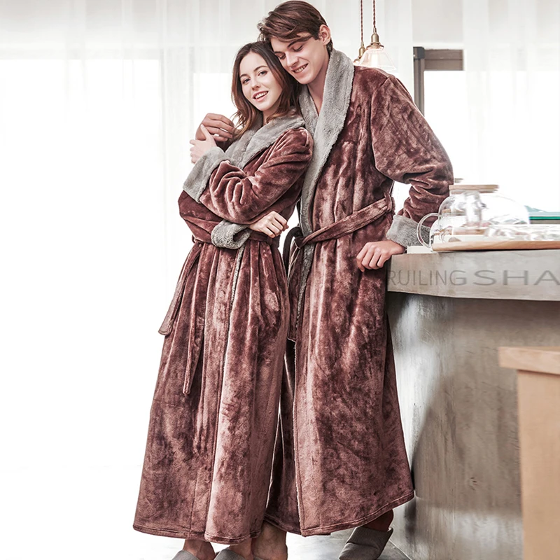 Men Winter Extra Long Thermal Coral Fleece Bathrobe Thick Flannel Warm Bath Robe Lovers Dressing Gown Women Nightwear Home Robes