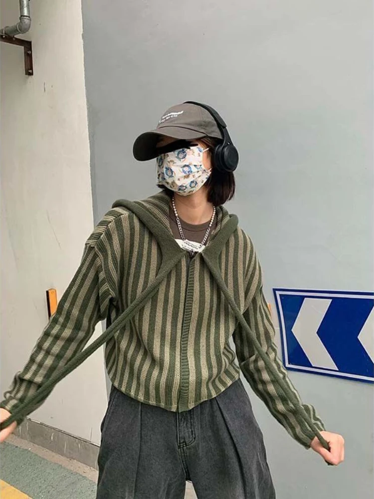 Deeptown 90s Vintage Green Hooded Knitted Cardigan Women Harajuku Kpop Zip Up Cropped Sweater Fairy Grunge Loose Y2K Tops Korean