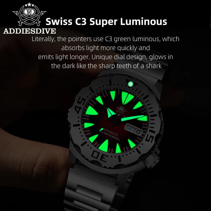 ADDIESDIVE Men's Monster Watches C3 Super Luminous Dial NH36 Sapphire Crystal 20Bar Diver Automatic Mechanical Watch reloj hombr