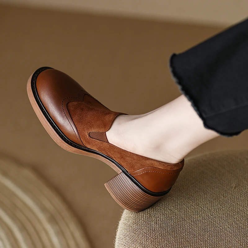 2023 new 2025 Spring Women Shoes Round Toe Platform Shoes Genuine Leather Casual Thick Heel Women Pumps Handmade Shoes High Heel