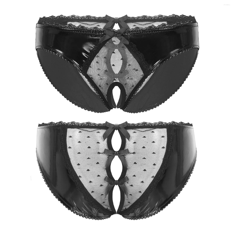 Underpants Mens Lingerie Crotchless Sissy Underwear Sheer Lace Open Crotch Briefs Bowknot Glossy Patent Leather Panties Low Waist Underpant
