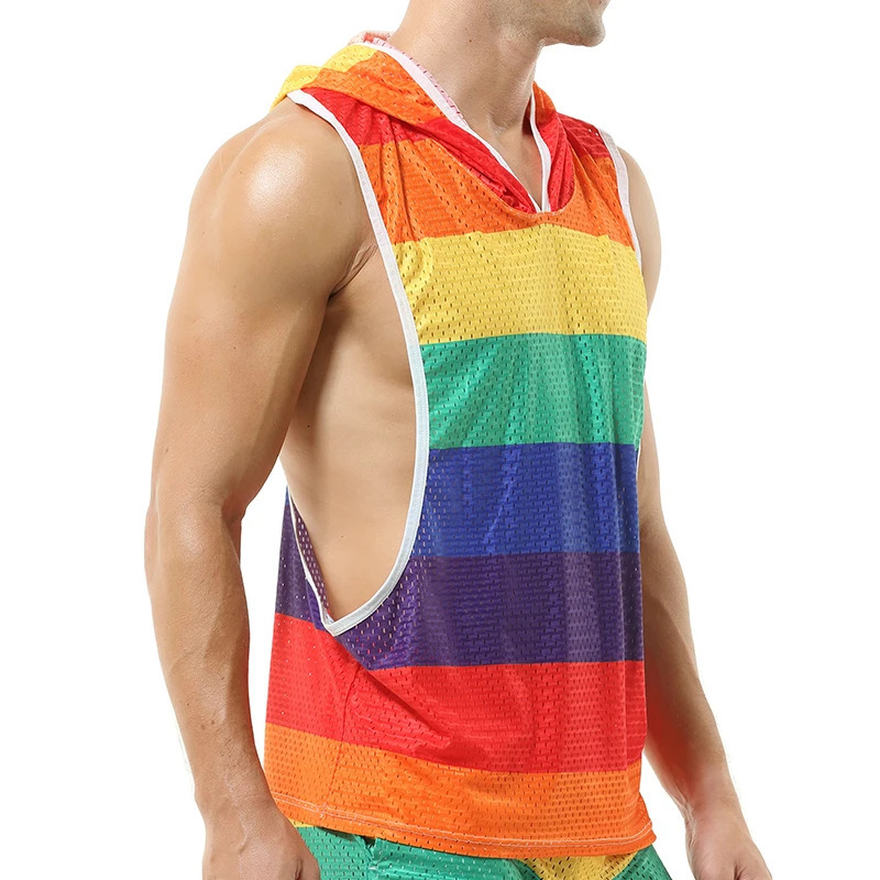 Mens Undershirts Rainbow Hooded Tank Tops Mesh Breathable Fitness Casual Vests Loose Shorts Homewear Tank 240327
