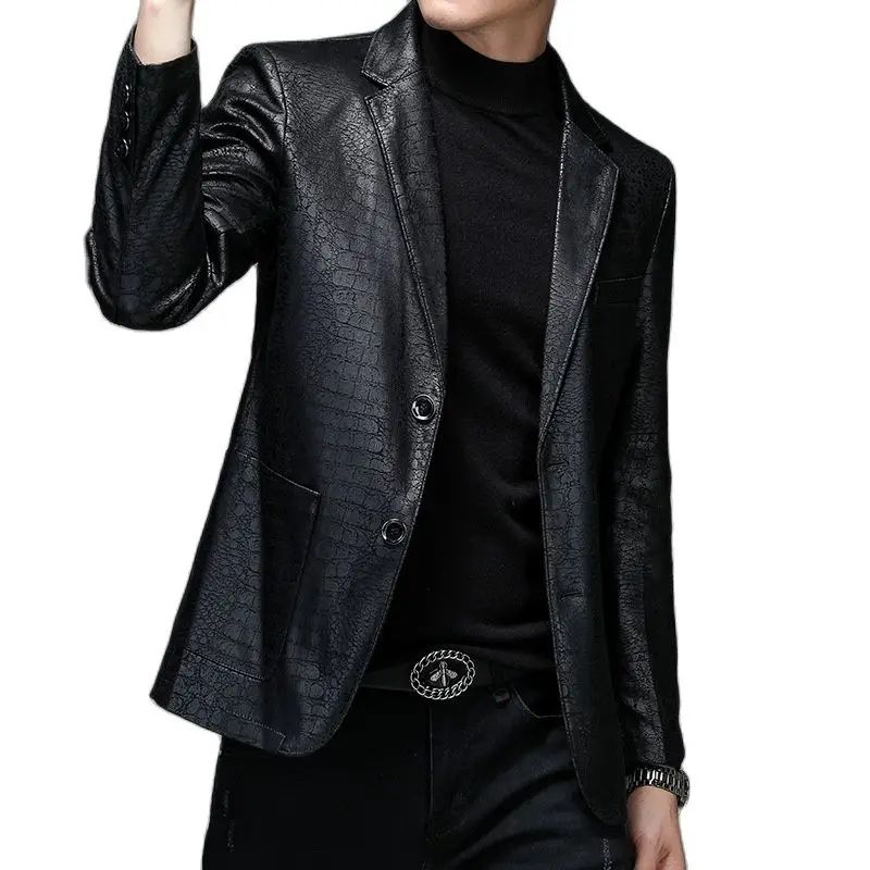 2023 Men's New Spring Autumn 2025 Vintage Soft Faux Leather Jackets Male Classic Slim Fit Crocodile Pattern Suit new Black Blazers Coats